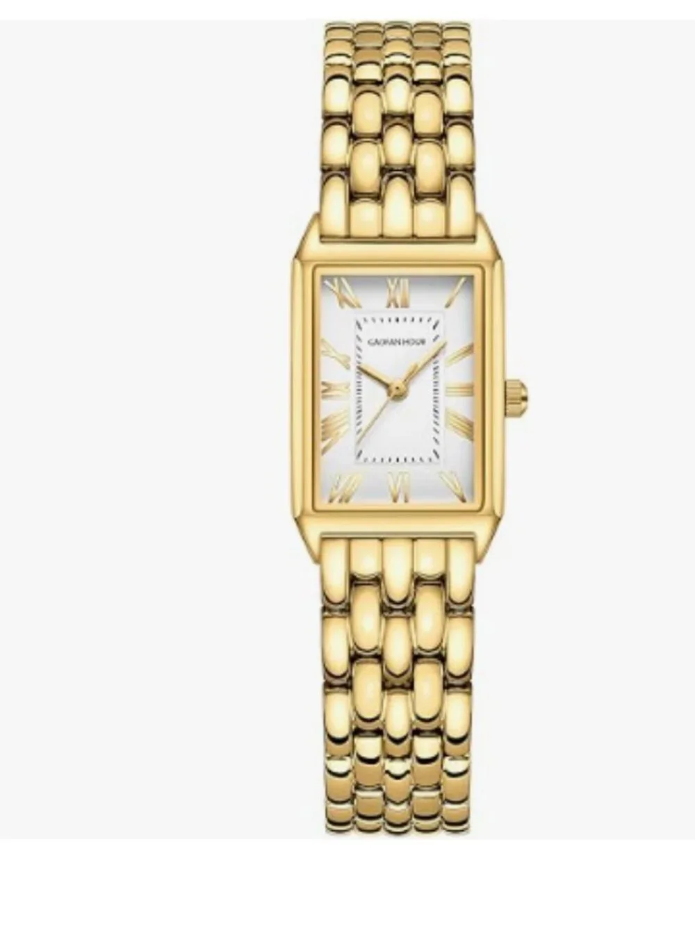 Gold Watches for Women with Vintage Rectangular Case,White Roman Dial,Stainless